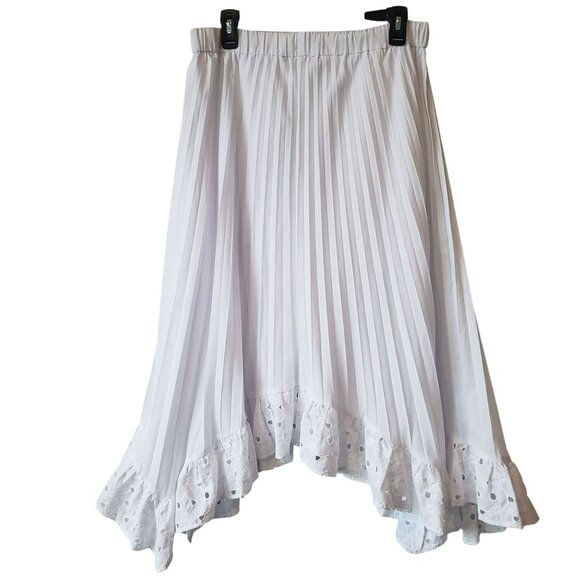 Boston Proper White Pleated Eyelet Hem Midi Skirt A Line Lace Trim Beachy Boho L - Picture 7 of 7